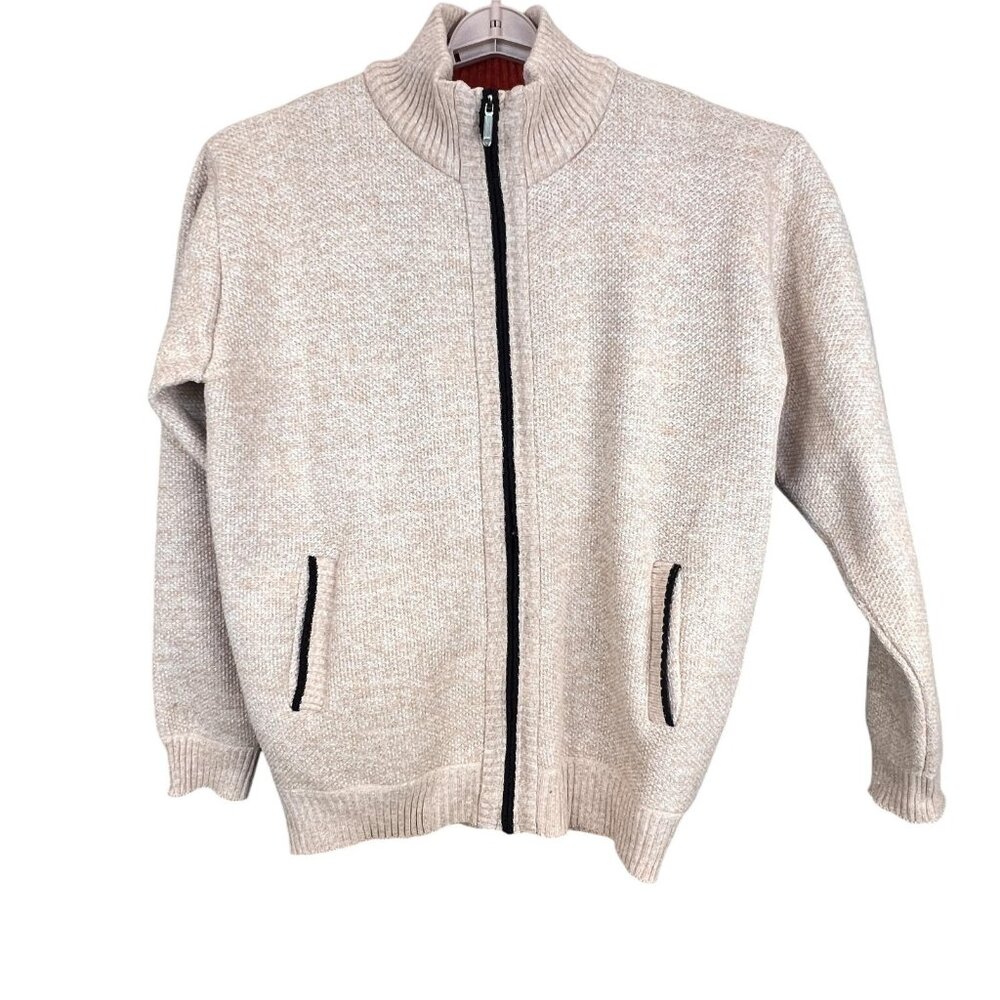 Mens XL Beige Zip Sweater Cardigan Bomber Jacket Plaid Fleece Lined Grandpa Core
